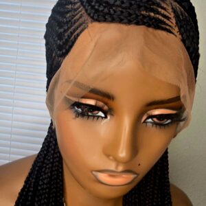 Black Adomac 035 32inches 360 Full Lace Synthetic Braided Wig with Unique Heart Design Unisex Natural Appearance Easy Styling Comfortable Maintenance