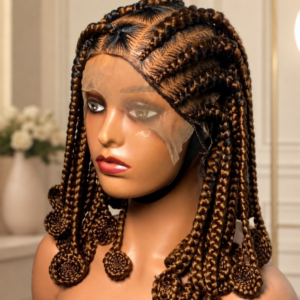 Elegant Handmade Braided Lace Front Wig for Women – Brown Cornrow Braids with Spiral Curled Ends, Protective Braided Hairstyle, Ready-to-Wear African-Inspired Wig