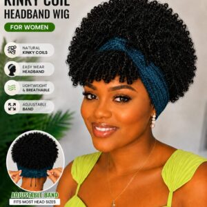 Women's 6-Inch Short Kinky Coil Headband Wig, Dark Teal, Adjustable, Natural-Looking Synthetic Curly Wig