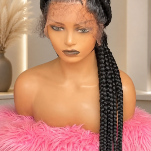 Long Black Braided Lace Front Wig for Women – Side-Swept Cornrow Box Braids, Handmade African-Inspired Protective Style, Ready-to-Wear Braided Wig