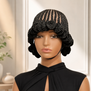 Elegant Black Braided Wig for Women – Handmade Cornrow Crown with Rose Knot Braids, Short Protective Braided Hairstyle, African-Inspired Ready-to-Wear Wig