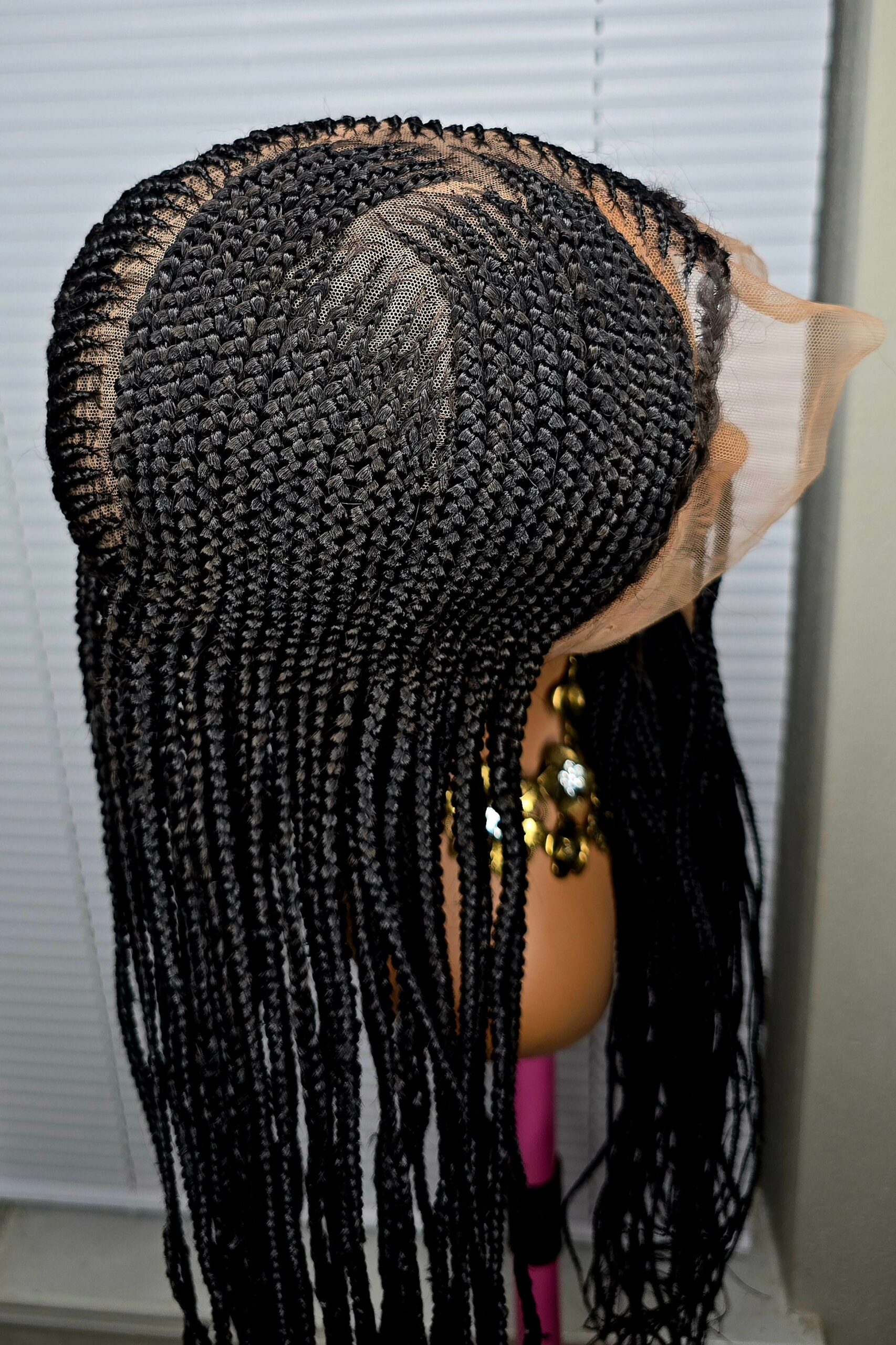 Black 32inches 360 Full Lace Synthetic Braided Wig with Unique Heart Design Unisex Natural Appearance Easy Styling Comfortable Maintenance