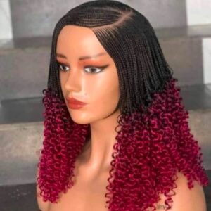 Black and Red Synthetic Braided Wigs with Curly Ends for Stylish Looks Unisex Braided Wig in Black and Red Synthetic Material