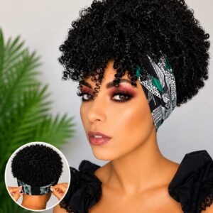 Women's 6-Inch Short Kinky Coil Headband Wig, Black-White-Green Pattern, Adjustable Band, Natural Curly Synthetic Wig
