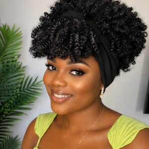 Women's 6-Inch Short Kinky Coil Headband Wig, Natural Black Synthetic Wig with Adjustable Band, Soft Fluffy Curly Hair