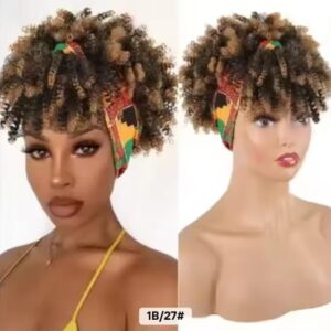 Women's 6-Inch Short Kinky Coil Headband Wig, African Print Adjustable Headband, Natural Curly Synthetic Wig