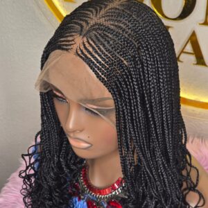 Women’s Black Micro Braided Lace Front Wig with Curly Ends – Pre-Braided Cornrow Box Braid Wig