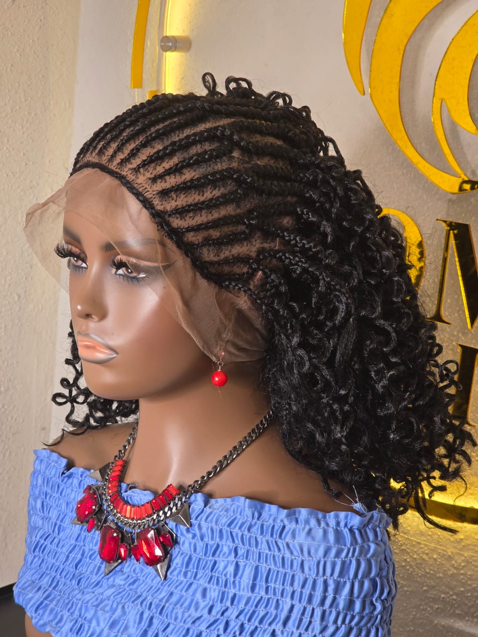 Women’s Black Cornrow Braided Lace Wig with Curly Ends - Image 2