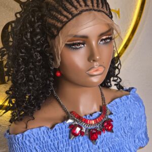Women’s Black Cornrow Braided Lace Wig with Curly Ends