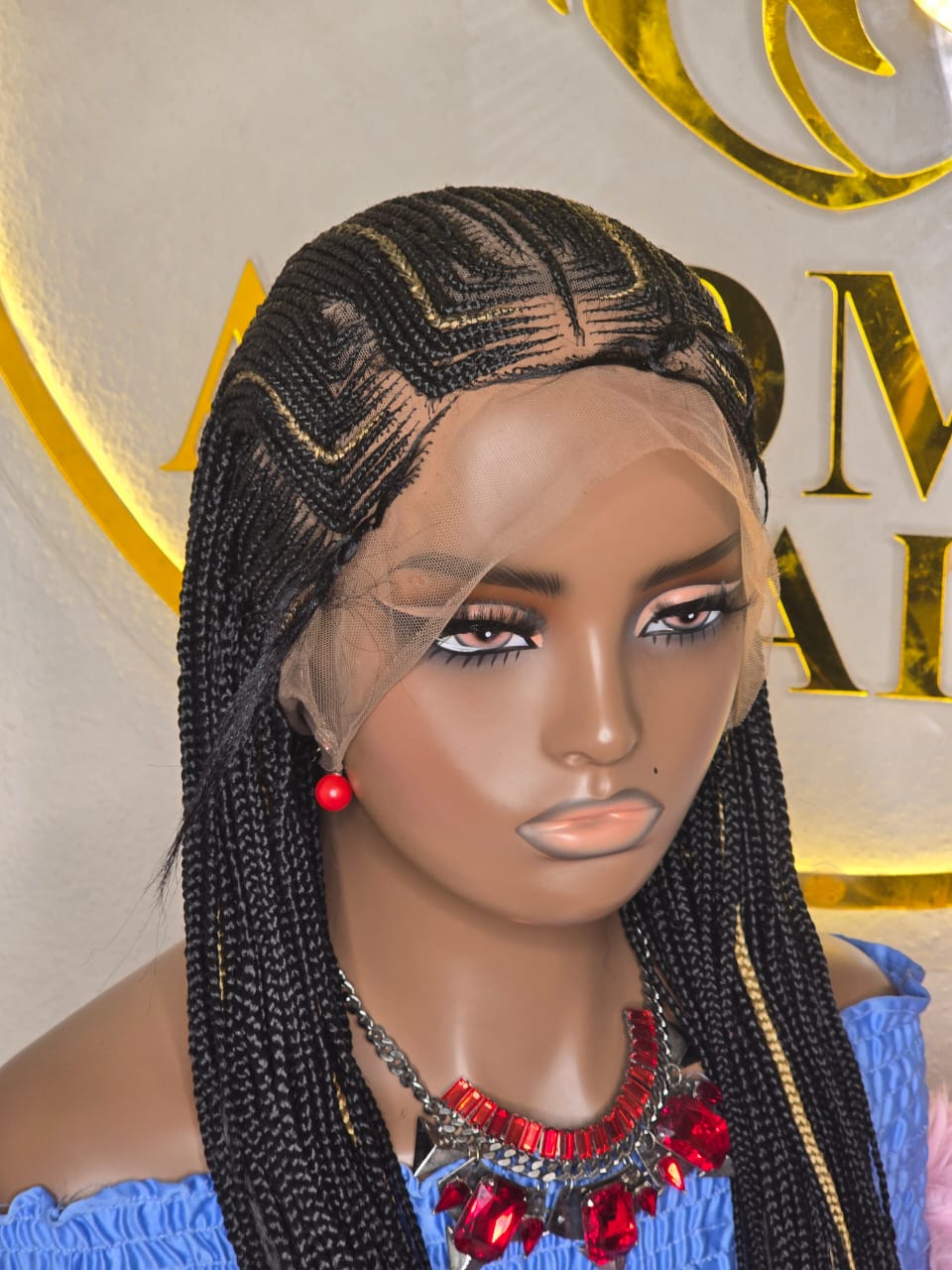 Women’s Black Braided Lace Front Wig with Gold Highlights - Image 2