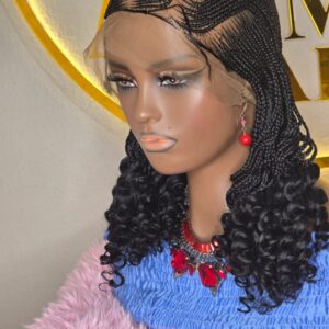 Women’s Black Micro Braided Lace Front Wig with Curly Ends – Cornrow Wave Pattern Pre-Braided Wig