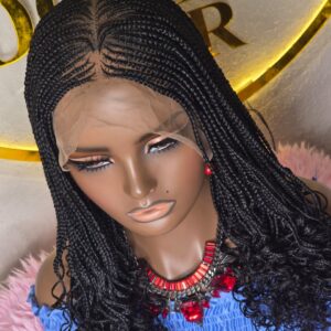 Black Cornrow Braided Full Lace Wig With Curly TEnd