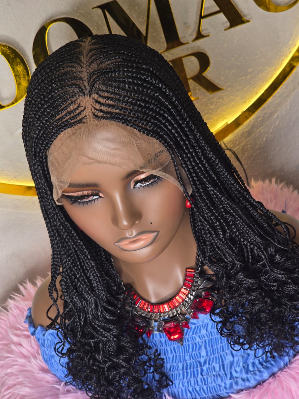 Black Cornrow Braided Full Lace Wig With Curly TEnd