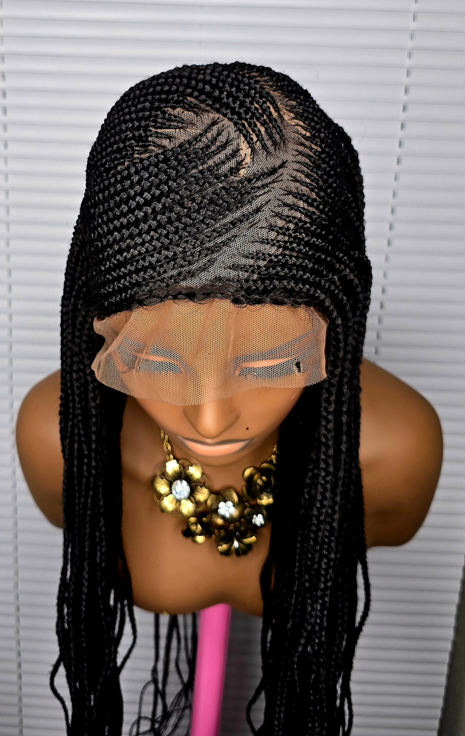 Black 32inches 360 Full Lace Synthetic Braided Wig with Unique Heart Design Unisex Natural Appearance Easy Styling Comfortable Maintenance - Image 2