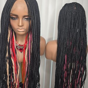 Fullace 30inches Multicolours Knotless Braided Wig for Classic Ladies with Rich Black and Red Highlights