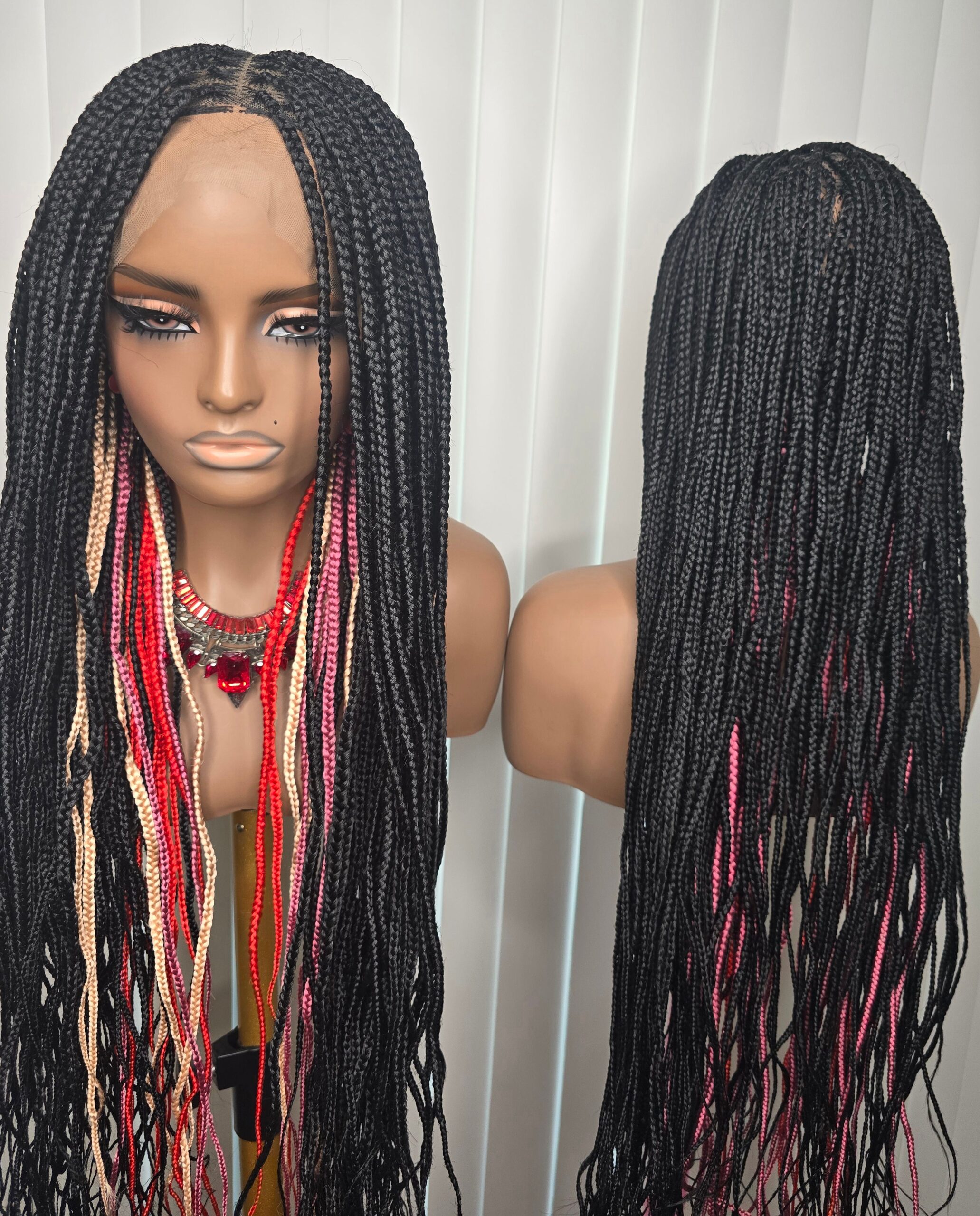 Fullace 30inches Multicolours Knotless Braided Wig for Classic Ladies with Rich Black and Red Highlights