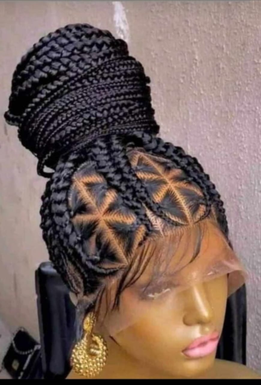 Black 36-Inch 360 Full Lace Braided Wig with High ponytail, Star Parting & Baby Hair - Image 2